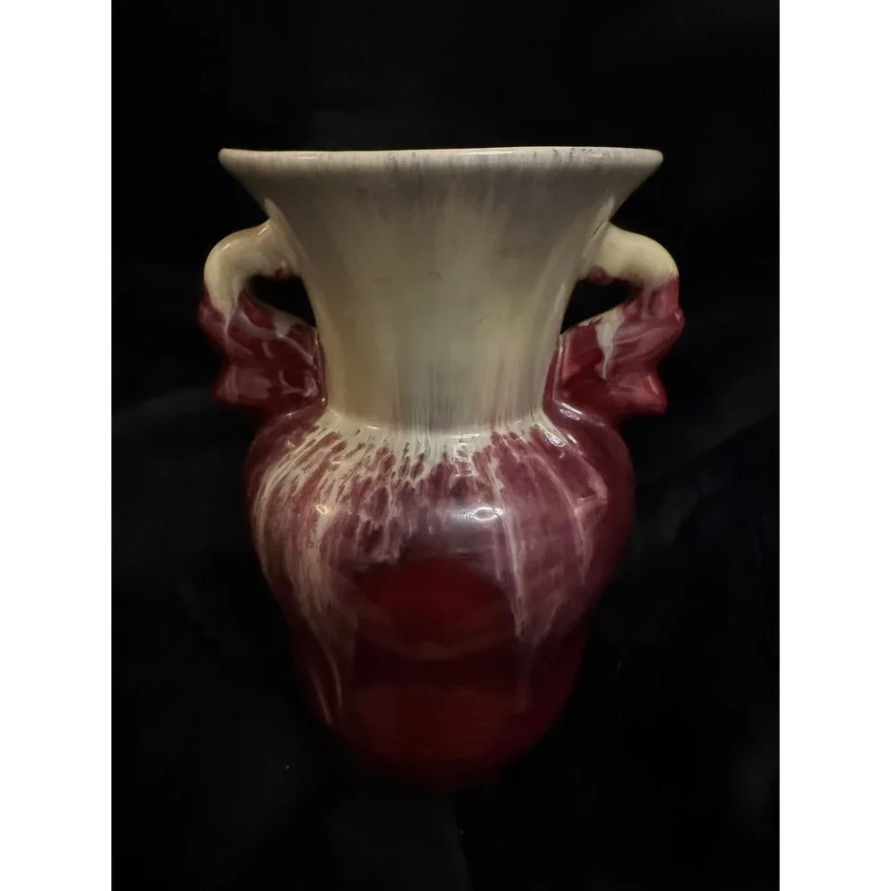 Vintage West German Pottery Drip Glaze Double Handled Vase Red Cream 8.5 Inch